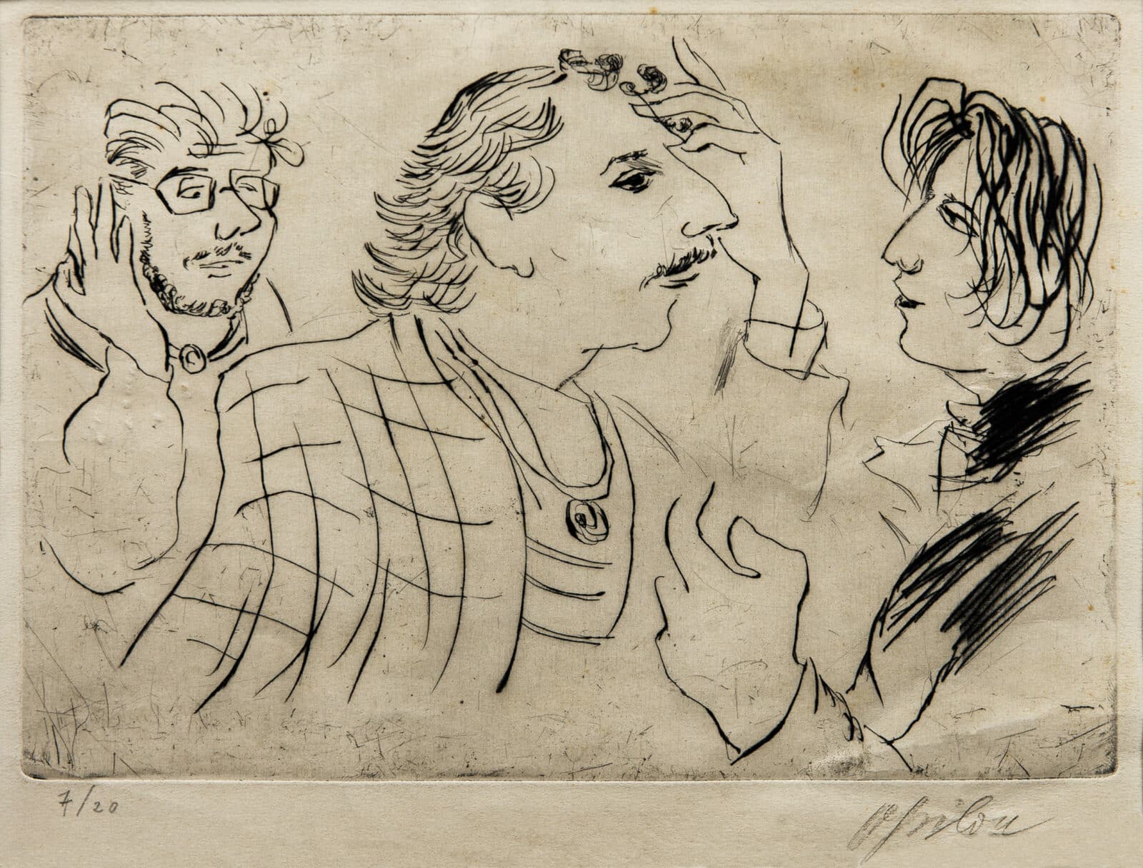 Veno Pilon, Eksistencialisti (iz cikla Montparnasse), 1950–51, suha igla, papir (last: Pilonova galerija Ajdovščina)